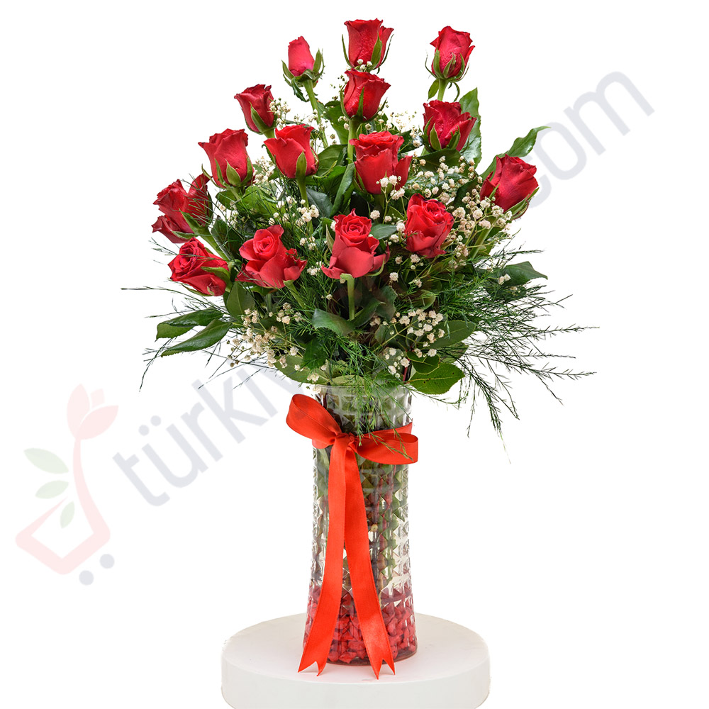 GLASS VASE 15 RED ROSES  