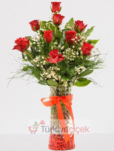 9 PIECE OF RED ROSES IN VASE  