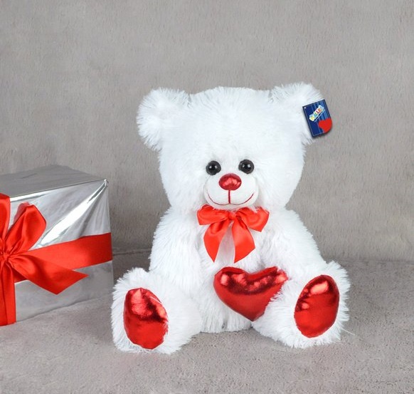 40 Cm Shiny Fabric Heart Holding White Teddy Bear