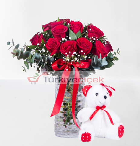 15 VASE RED ROSE AND BEAR  